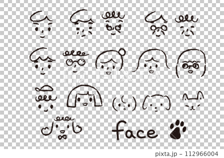 Hand-drawn style illustrations of people of different ages and pets 112966004