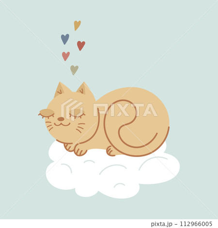 Cute cat sleeping on a cloud. Doodle kitten. Cartoon childish design. Vector illustration 112966005