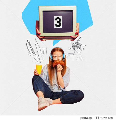 Contemporary art collage. Hands holding retro computer monitor above young lady, which grimacing while eating at break time. 112966486