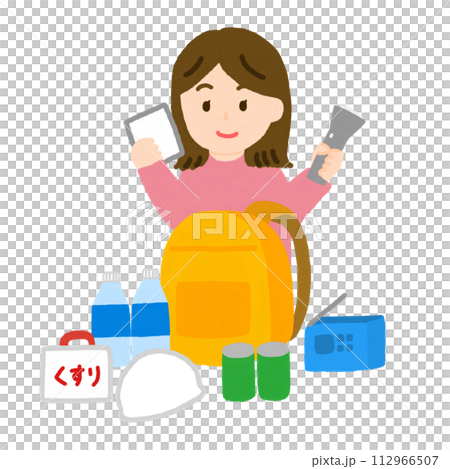避難グッズの準備をしている女性のイラスト 112966507