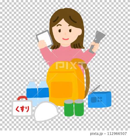 避難グッズの準備をしている女性のイラスト 112966507