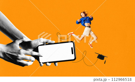 Contemporary art collage. Young overjoyed female student jumping out of blank screen of smartphone. Finish education. Holidays. Contemporary art collage. Young overjoyed female student jumping out of blank screen of smartphone. Finish education. Holidays. 112966518