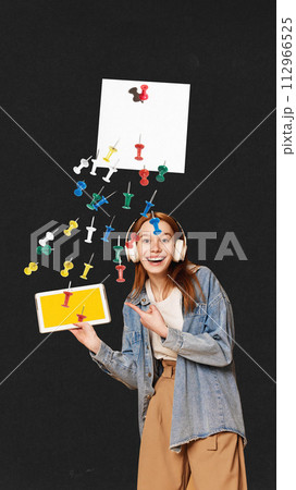 Contemporary art collage. Young lady, student pointing to tablet where she have all her notes and tasks against black background. Contemporary art collage. Young lady, student pointing to tablet where she have all her notes and tasks against black background. 112966525