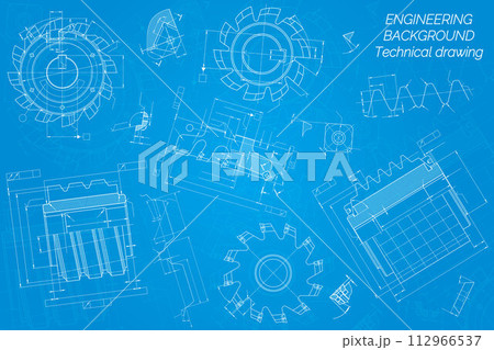 Mechanical engineering drawings on blue background. Cutting tools, milling cutter. Technical Design. Cover. Blueprint. Vector illustration. Mechanical engineering drawings on blue background. Cutting tools, milling cutter. Technical Design. Cover. Blueprint. Vector illustration. 112966537