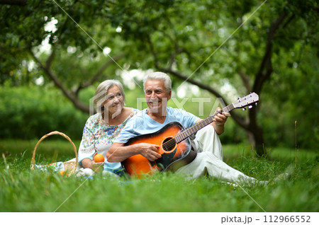 Loving mature couple with guitar in park 112966552