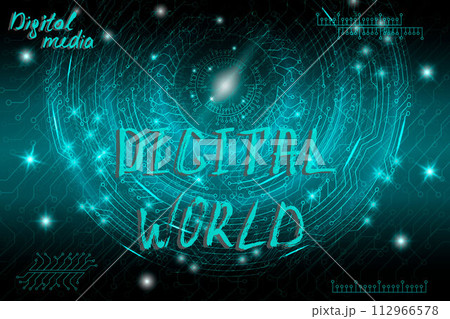 Blue futuristic technological background in cyberpunk style. Digital art. The inscription is painted by hand with brush. Lettering for design of postcards, poster, banner. Vector illustration. Blue futuristic technological background in cyberpunk style. Digital art. The inscription is painted by hand with brush. Lettering for design of postcards, poster, banner. Vector illustration. 112966578