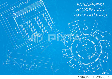 Mechanical engineering drawings on blue background. Cutting tools, milling cutter. Technical Design. Cover. Blueprint. Vector illustration. Mechanical engineering drawings on blue background. Cutting tools, milling cutter. Technical Design. Cover. Blueprint. Vector illustration. 112966593
