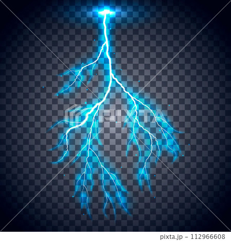 Realistic lightning isolated on a transparent background. Natural phenomena, thunder, storm and thunderstorm. 112966608