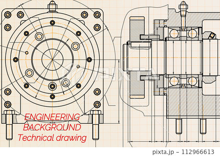 Mechanical engineering drawings on light background. Milling machine spindle. Technical Design. Cover. Blueprint 112966613