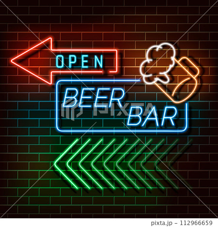 Beer bar neon light banner on a brick wall. Blue and orange sign. Decorative realistic retro element for web design 112966659