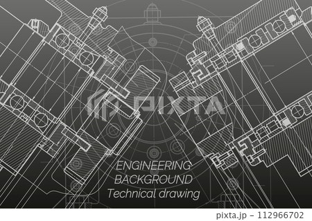 Mechanical engineering drawings on black background. Milling machine spindle. Technical Design. Cover. Blueprint. 112966702