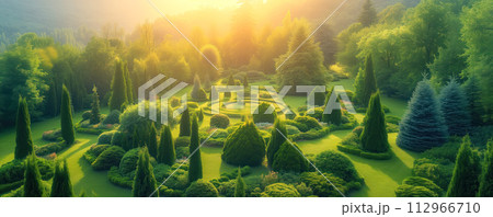 Arial view on the beautiful coniferous garden with blue spruces, fir trees, thujas and junipers. 112966710