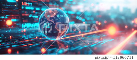 View of globe of Earth planet on futuristic blue background. Global artificial intelligence development concept. 112966711