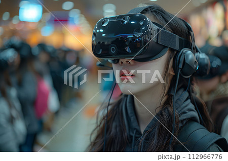 AI-generated content. Young asian female student wearing VR headsets, engaged in interactive learning activities. Innovations in education process 112966776