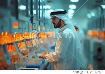 AI-generated content. Concentrated arabian male working in a state-of-the-art research facility. Innovative scientific endeavors and cutting-edge equipment in a lab 112966780