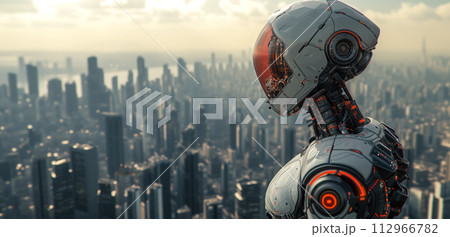 Robot standing and looking on the cityscape. Futuristic, technology and ai development concept. 112966782