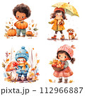 Cartoon happy kids activities during the autumn seasons. Watercolor illustrations, children clipart 112966887