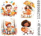 Cute cartoon kids clipart. Watercolor set of autumn season illustration. Children autumn activities 112966889