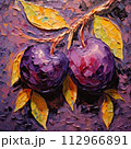 Oil painting of a branch with ripe purple plums. Square printable artwork, impasto 112966891