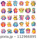 Printable monsters stickers. Cute cartoon creatures, colorful collection 112966895