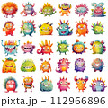 Stickers collection of colorful funny cartoon monsters. Friendly fantasy creatures 112966896