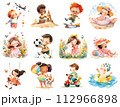 Set of cartoon watercolor illustrations of children's summer activities. Happy kids clipart 112966898