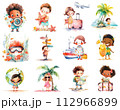 Collection of watercolor cartoon kids vacation, summer activities, children traveling clipart 112966899