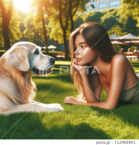 飼い主と見つめ合う犬 112966901