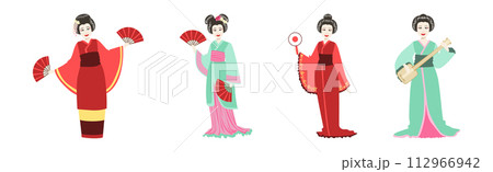 Woman Geisha in Traditional Japanese Wear Standing Vector Set 112966942