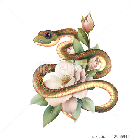 Twisted Snake and flowers. Serpent with flowers and leaves. Floral illustration. Twisted Snake and flowers. Serpent with flowers and leaves. Floral illustration. 112966945