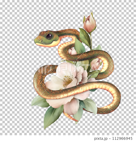 Twisted Snake and flowers. Serpent with flowers and leaves. Floral illustration. Twisted Snake and flowers. Serpent with flowers and leaves. Floral illustration. 112966945