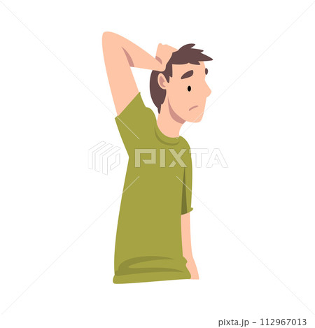 Young Man Standing with Thoughtful Look and Holding Hand on His Head Vector Illustration 112967013
