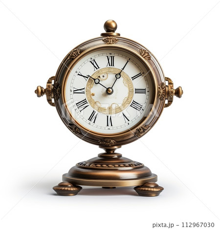 a small clock with roman numerals on a white background a small clock with roman numerals on a white background 112967030