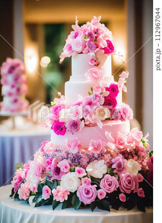 Wedding cake decorated with a beautiful decor of cream. 112967044