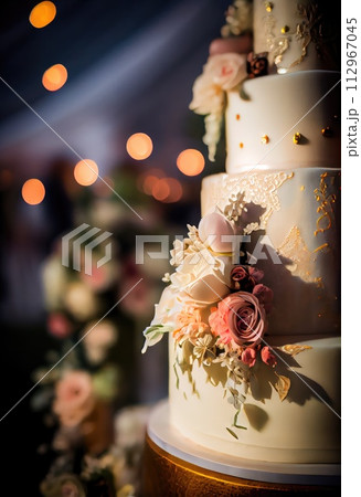 Wedding cake decorated with a beautiful decor of cream. Wedding cake decorated with a beautiful decor of cream. 112967045