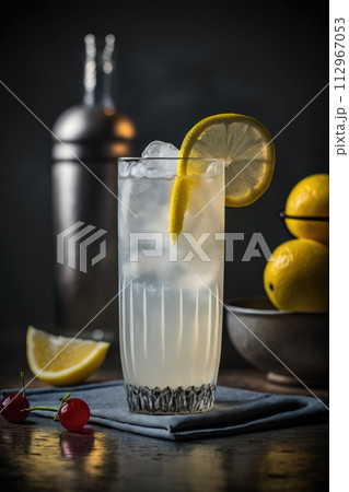 Tom Collins cocktail at dark background. 112967053