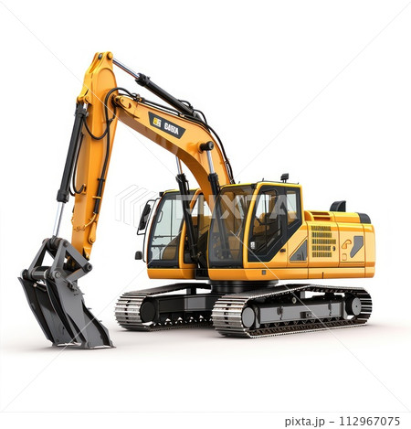 Yellow excavator with black bucket on white background 112967075