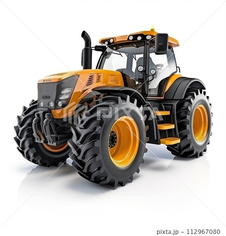 Yellow and black toy tractor with large tires on white background Yellow and black toy tractor with large tires on white background 112967080