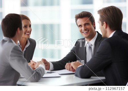 A group of business people are sitting around a table having a meeting 112967157