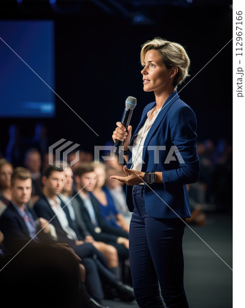 A woman holding a microphone in front of a crowd at an entertainment event 112967166