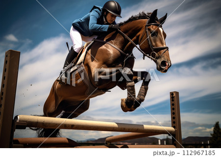 Rider in helmet jumps horse over hurdle in riding equestrian sport Rider in helmet jumps horse over hurdle in riding equestrian sport 112967185