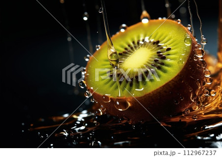 Kiwi fruits stacked with water drops, closeup view in macro background Kiwi fruits stacked with water drops, closeup view in macro background 112967237