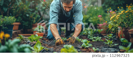 Man planting flower and vegetable seedlings in freshly dug soil. Gardening concept. Man planting flower and vegetable seedlings in freshly dug soil. Gardening concept. 112967325