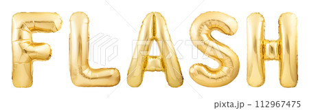 Word flash made of golden inflatable balloon isolated on white background Word flash made of golden inflatable balloon isolated on white background 112967475