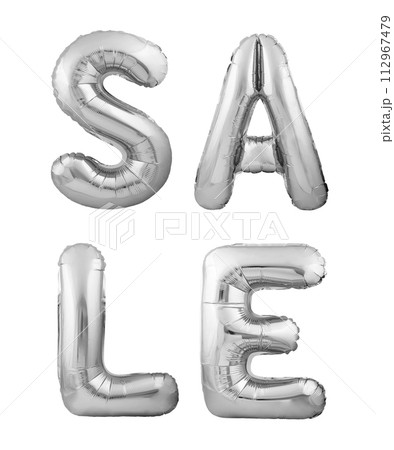 Silver helium balloons forming the word SALE Silver helium balloons forming the word SALE 112967479