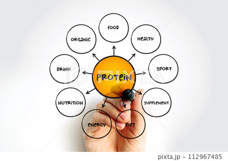 Protein are large biomolecule and macromolecule that comprise one or more long chains of amino acid residues, mind map concept background 112967485