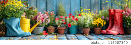 Beautiful background of the pots with seedling of flowers and rubber boots near them. Gardening concept. 112967540