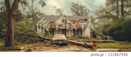 A tree felling after a hurricane on a cars. The consequences of the raging disaster. A tree felling after a hurricane on a cars. The consequences of the raging disaster. 112967598