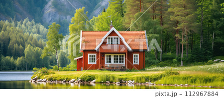 Scandinavian style house standing in nature in the mountains near the sea. 112967884