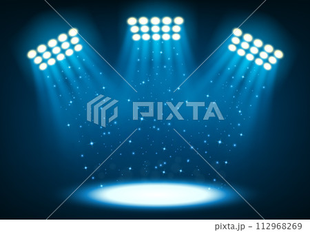 Blue Bright Stadium Spotlights On Dark Background, Vector Illustration Blue Bright Stadium Spotlights On Dark Background, Vector Illustration 112968269